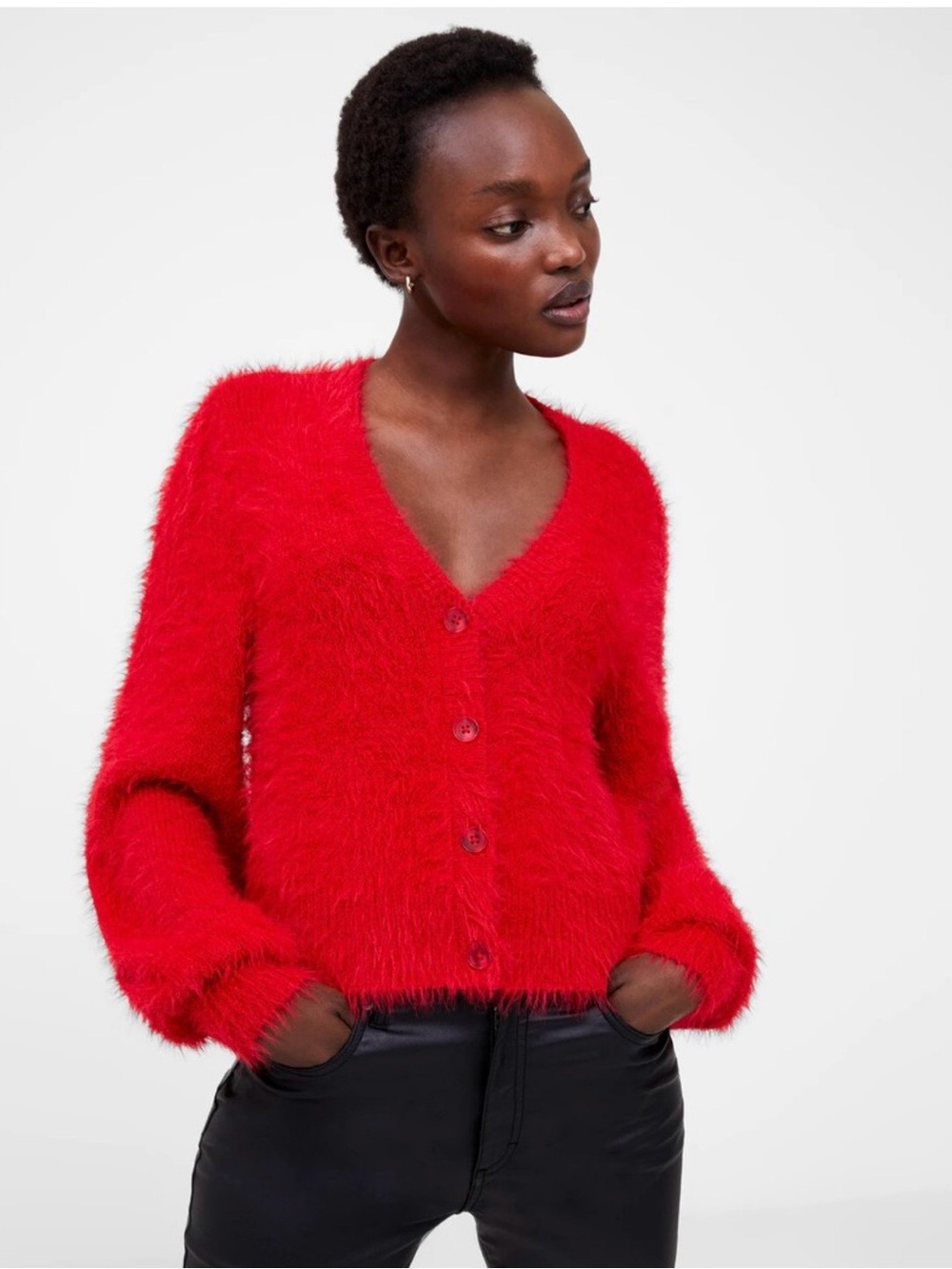 French Connection Fluffy Eyelash V-Neck Button Cardigan - Red